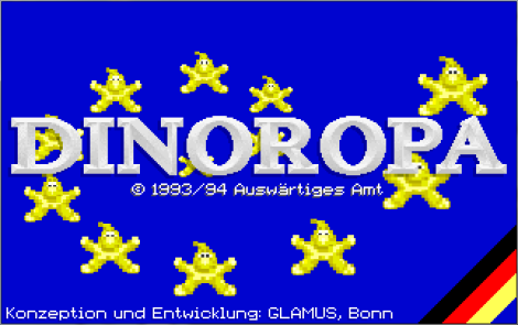 Dinoropa-Startscreen (©1993/94 Auswärtiges Amt; Konzeption und Entwicklung GLAMUS, Bonn)
